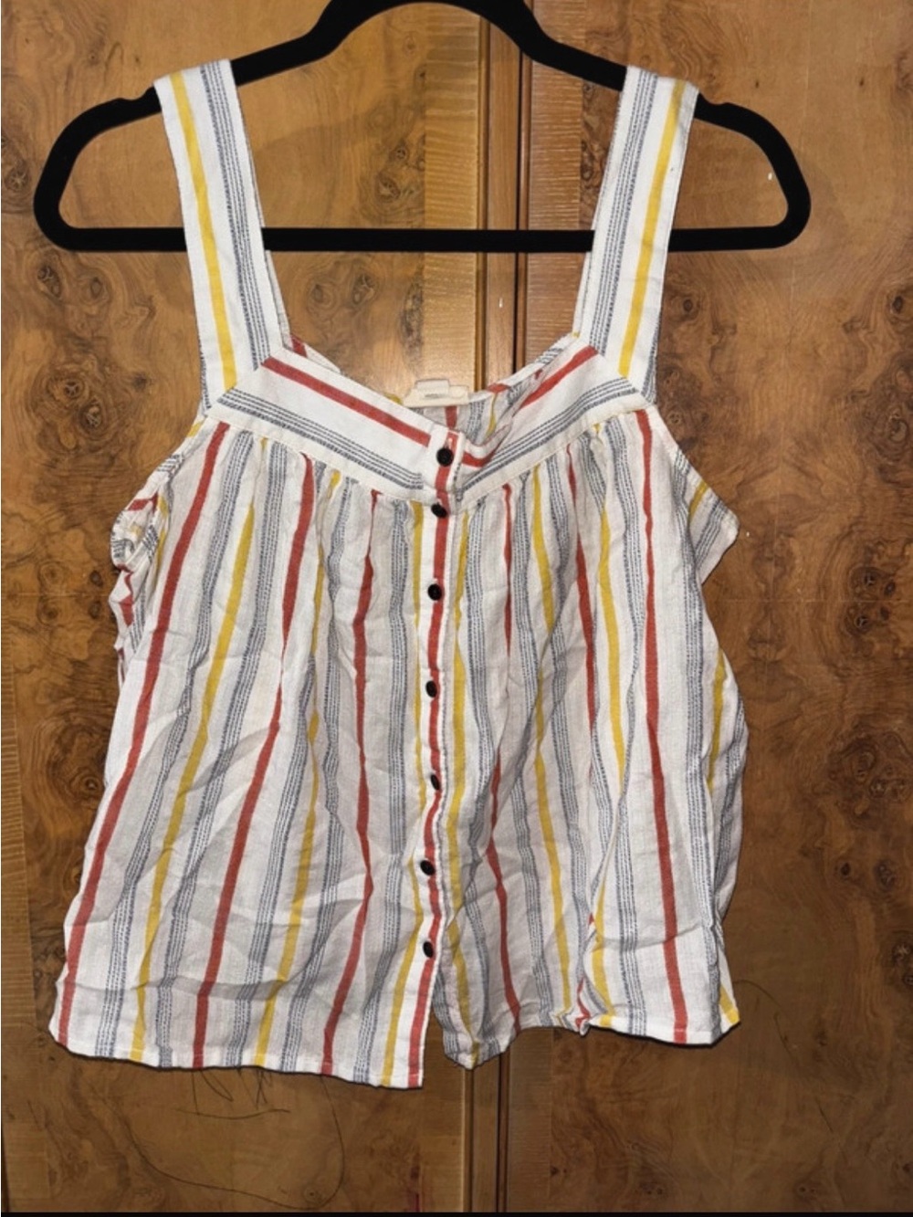 Striped Button-Front Sleeveless Women's Top - White with Red & Yellow Stripes XL